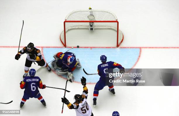 Patrick Hager of Germany celebrate a goal with team mate Yasin Ehliz during the 2018 IIHF Ice Hockey World Championship group stage game between...