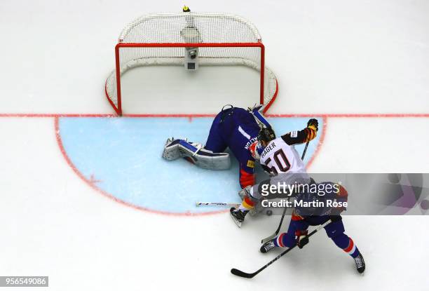Patrick Hager of Germany fails to score over Matt Dalton. Goaltender of Korea during the 2018 IIHF Ice Hockey World Championship group stage game...