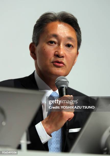 Conférence de presse de Kazuo Hirai président du géant japonais Sony annonçant la stratégie commerciale de l'entreprise au siège de Sony à Tokyo le...