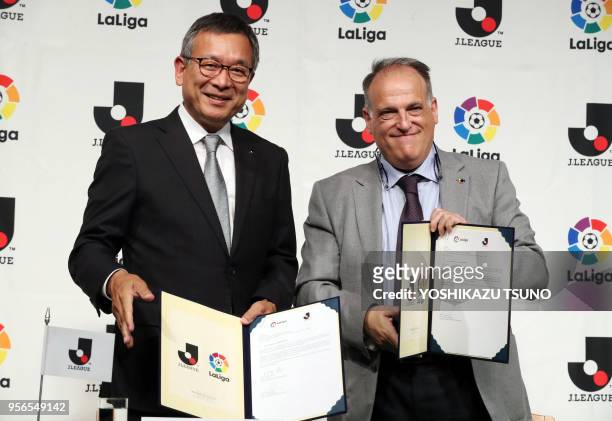 Spanish professional football league LaLiga president Javier Tebas and Japan Professional Football League chairman Mitsuru Murai display their...