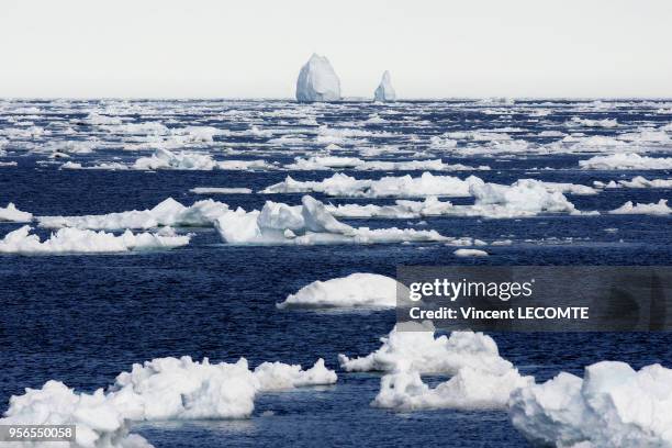 Iceberg dérivant à l'horizon en Antarctique, non loin de Terre Adélie, sur une mer constellée de débris de banquise suite à la débâcle au début de...