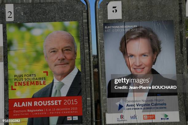 Affiches électorales pour les élections régionales 2015 de la région Aquitaine Limousin Poitou-Charentes, Uzerche, Corrèze, Limousin, 3 décembre 2015.