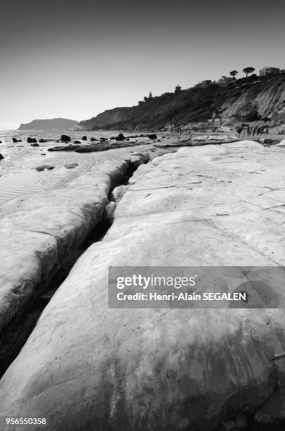 Scala dei Turchi, à Realmonte proche d'Agrigente. Roches de calcaire blanc, sculptées par l'érosion, 5 juillet 2015, Sicile, Italie.