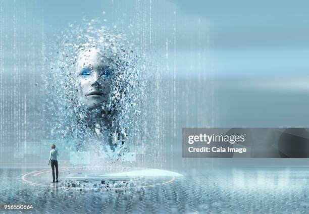 artificial intelligence woman looking up at face - fake email stock pictures, royalty-free photos & images
