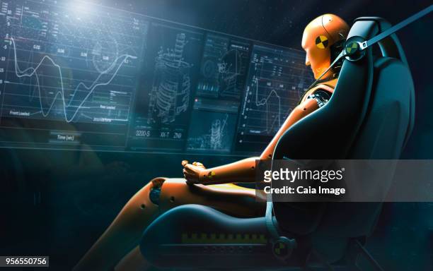 computer generated image crash test dummy reviewing data - graphic car accidents stock pictures, royalty-free photos & images
