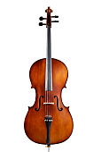 A single wooden cello on a white background
