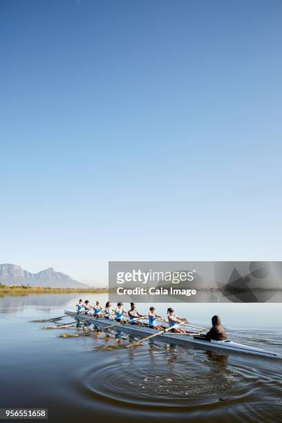female rowers rowing scull on tranquil lake under blue sky - coxswain stock pictures, royalty-free photos & images