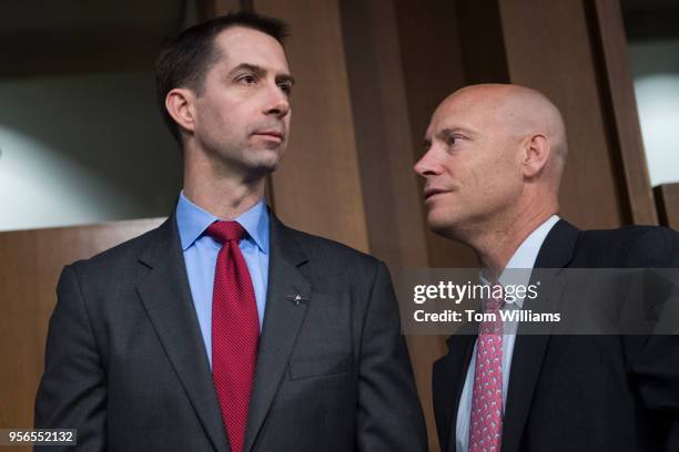 Sen. Tom Cotton, R-Ark., left, and Marc Short, White House legislative affairs director, arrive for the Senate Intelligence Committee confirmation...