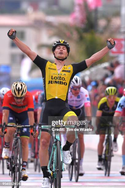 Arrival / Enrico Battaglin of Italy and Team LottoNL-Jumbo Celebration / Giovanni Visconti of Italy and Team Bahrain-Merida / Jose Goncalves of...