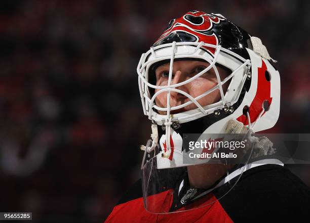 Martin Brodeur of the New Jersey Devils looks on against the Tampa Bay Lightning during their game on January 8, 2010 at The Prudential Center in...