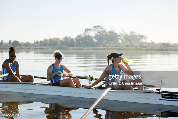 female rowing team resting, drinking water in scull on sunny lake - sculling crew stock pictures, royalty-free photos & images