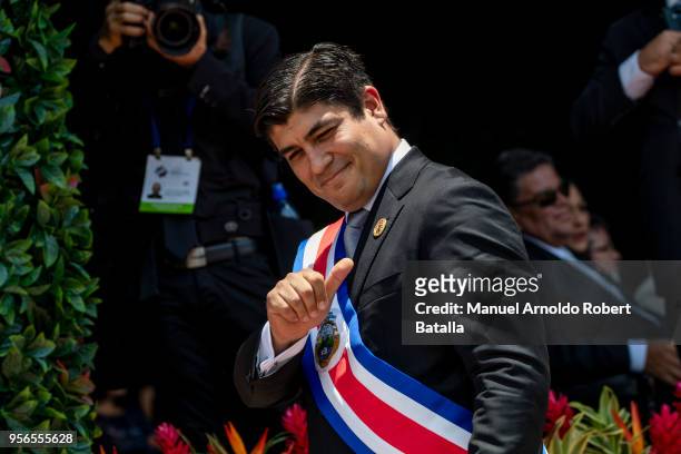 Carlos Alvarado elected President of Costa Rica greets supporters and citizens during his Inauguration Day at Plaza de la Democracia on May 08, 2018...