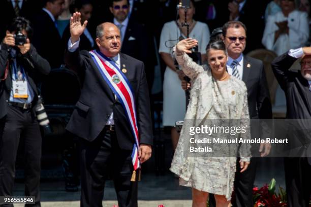 Luis Guillermo Solis now ex President of Costa Rica and First Lady Mercedes Peña arrive the Inauguration Day of Costa Rica elected President Carlos...