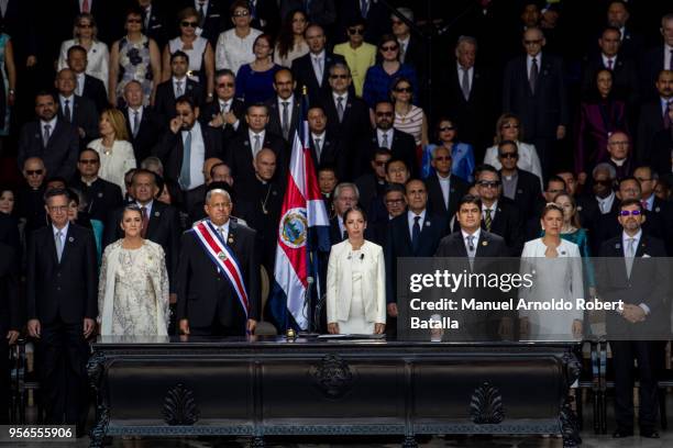 Current First Lady of Costa Rica Mercedes Peña, President Luis Guillermos Solis, Elected President Carlos Alvarado his wife Claudia Dobles, and...