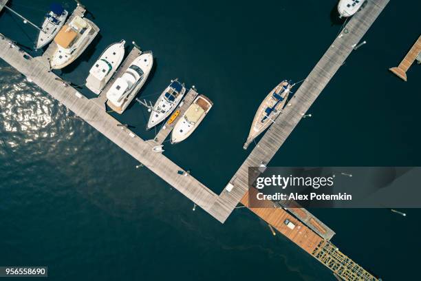 the aerial scenic view on the marina of port washington, long island, new york, usa - port washington new york state stock pictures, royalty-free photos & images
