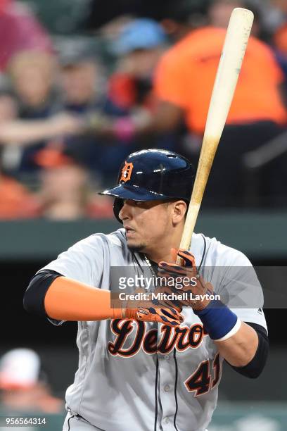 Victor Martinez of the Detroit Tigers prepares for a pitch during a baseball game against the Baltimore Orioles at Oriole Park at Camden Yards on...