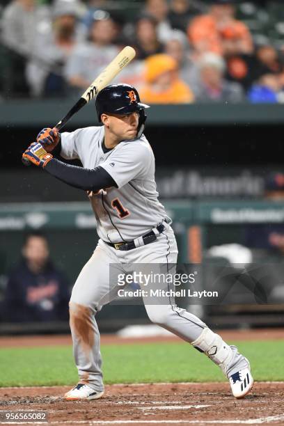 Jose Iglesias of the Detroit Tigers prepares for a pitch during a baseball game against the Baltimore Orioles at Oriole Park at Camden Yards on April...