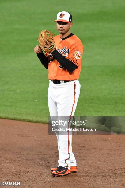 Luis Sardinas of the Baltimore Orioles looks on during a baseball game against the Detroit Tigers at Oriole Park at Camden Yards on April 28, 2018 in...