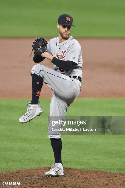 Shane Greene of the Detroit Tigers pitches during a baseball game against the Baltimore Orioles at Oriole Park at Camden Yards on April 28, 2018 in...