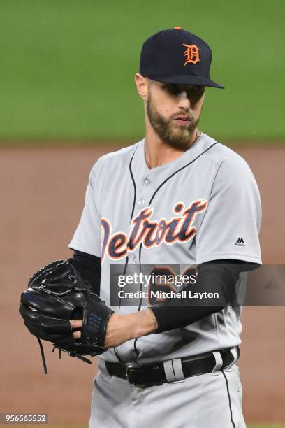 Shane Greene of the Detroit Tigers pitches during a baseball game against the Baltimore Orioles at Oriole Park at Camden Yards on April 28, 2018 in...