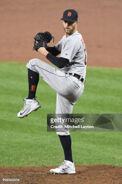 Shane Greene of the Detroit Tigers pitches during a baseball game against the Baltimore Orioles at Oriole Park at Camden Yards on April 28, 2018 in...