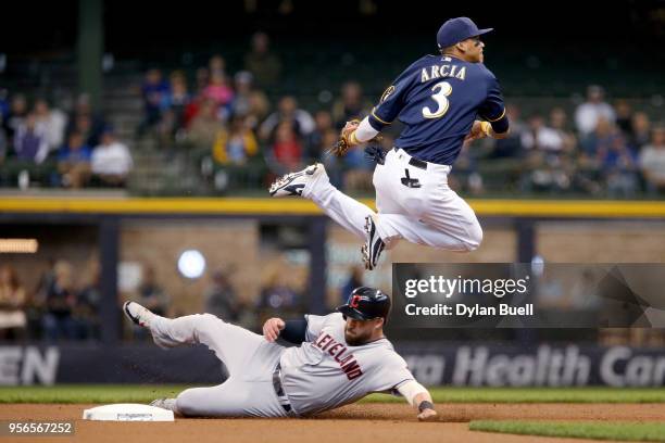 Orlando Arcia of the Milwaukee Brewers attempts to turn a double play over Jason Kipnis of the Cleveland Indians in the first inning at Miller Park...