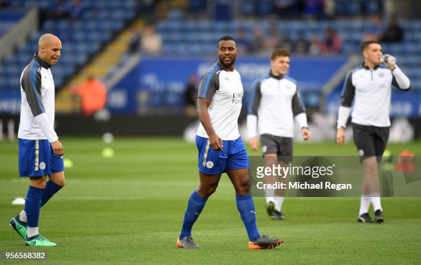 Wes Morgan of Leicester City warms up prior to the Premier League match between Leicester City and Arsenal at The King Power Stadium on May 9, 2018...
