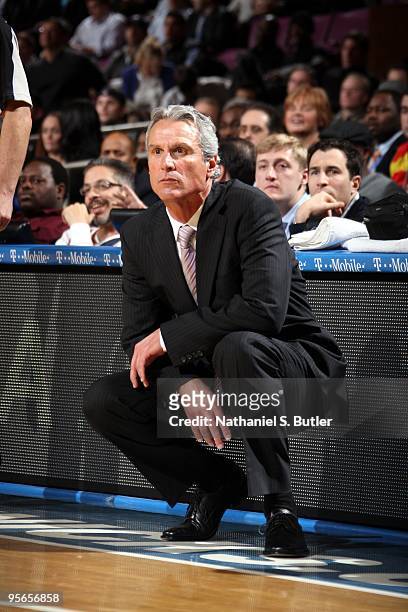 Assistant coach Dean Demopoulos of the Portland Trail Blazers watches the action from the sidelines during the game against the New York Knicks at...