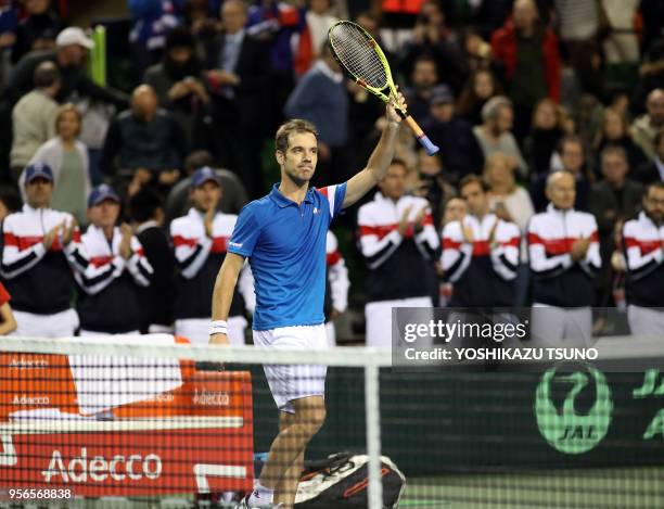 Richard Gasquet lors sa victoire dans le premier match de Coupe Davis contre le Japon le 3 février 2017 à Tokyo, Japon. Richard Gasquet a gagné 6-2,...