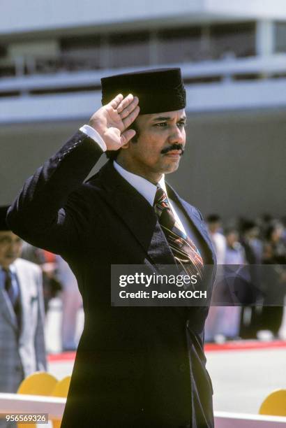 Le sultan du Brunei Hassanal Bolkiah saluant lors d'une cérémonie donnée lors de l'arrivée du roi de Malaisie à l'aéroport de Bandar Seri Begawan, en...