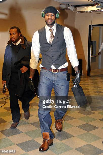 LeBron James of the Cleveland Cavaliers arrives for the game against the Denver Nuggets on January 8, 2010 at the Pepsi Center in Denver, Colorado....