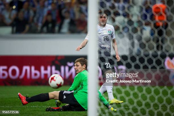 Reziuan Mirzov of FC Tosno scores a goal during Russian Cup Final match between FC Tosno and Fc Avangard at Volgograd Arena on May 9, 2018 in...