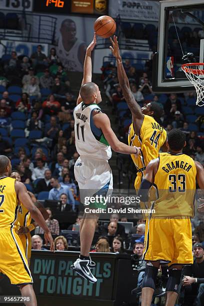 Sasha Pavlovic of the Minnesota Timberwolves rises to the basket against Solomon Jones of the Indiana Pacers during the game on January 8, 2010 at...
