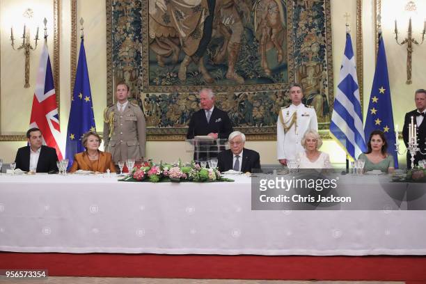 Prince Charles, Prince of Wales holds a speech while Greek prime minister Alexis Tsipras, Vlassia Pavlopoulou, President of Greece Prokopis...