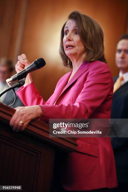 House Minority Leader Nancy Pelosi members of the Machinists Union International in the Rayburn Room at the U.S. Capitol May 9, 2018 in Washington,...