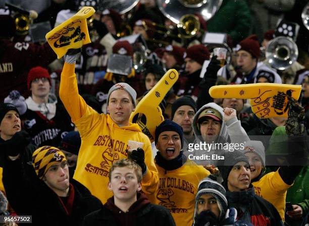 Boston College Eagles cheer on their team in the first period against the Boston University Terriers on January 8, 2010 during the Sun Life Frozen...