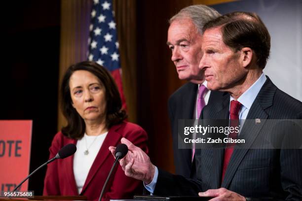 Sen. Richard Blumenthal speaks during a news conference on a petition to force a vote on net neutrality on Capitol Hill in Washington, DC. Also...