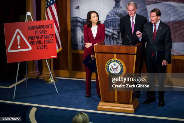 Sen. Richard Blumenthal speaks during a news conference on a petition to force a vote on net neutrality on Capitol Hill in Washington, DC. Also...