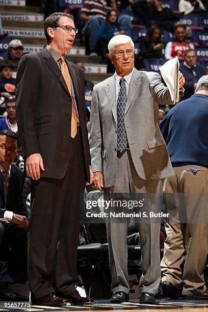 Head coach Kiki Vandeweghe and assistant coach Del Harris of the New Jersey Nets talk on the sidelines during the game against the Golden State...