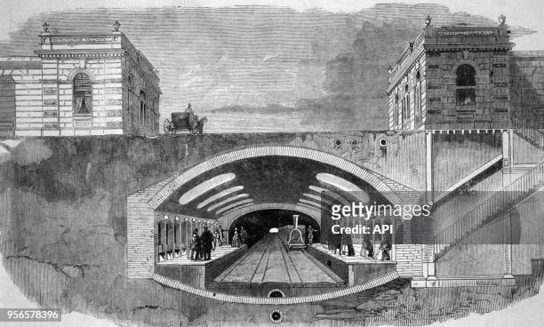 Gravure de la construction de la station de métro Baker Street en 1860 à Londres au Royaume-Uni.