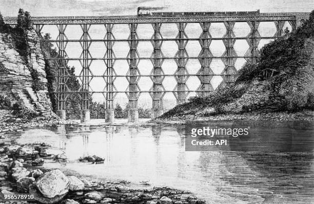 Pont de haut portage sur la rivière Genesee en 1862 aux États-Unis.