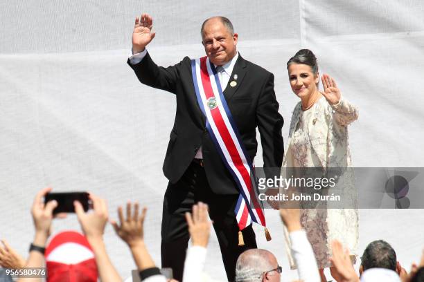 Luis Guillermo Solis current former President of Costa Rica and First Lady Mercedes Peña arrive to the Inauguration Day of Costa Rica elected...