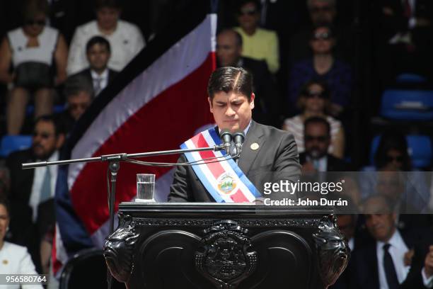 Carlos Alvarado elected President of Costa Rica gives a speech during his Inauguration Day at Plaza de la Democracia on May 08, 2018 in San Jose,...