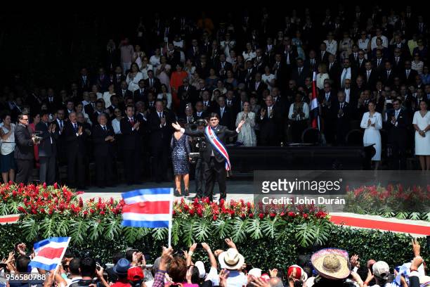Carlos Alvarado elected President of Costa Rica greets supportes after receiving the Presidential sash during his Inauguration Day at Plaza de la...