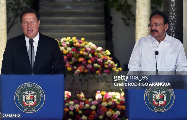 Panamanian President Juan Carlos Varela and the Vice President of India Venkaiah Naidu, deliver a press conference at the Presidential Palace in...