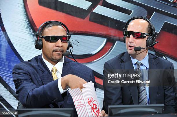 Mark Jackson and Jeff Van Gundy try out their 3D glasses prior to the Denver Nuggets game against the Cleveland Cavaliers on January 8, 2010 at the...