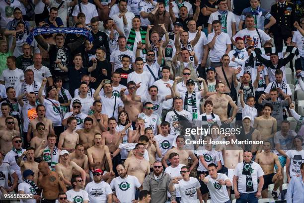 Tosno fans show their colors during Russian Cup Final match between FC Tosno and Fc Avangard at Volgograd Arena on May 9, 2018 in Volgograd, Russia.