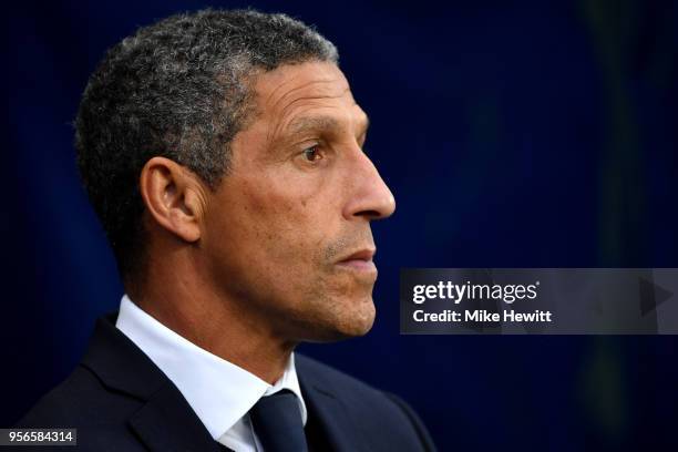 Chris Hughton, Manager of Brighton and Hove Albion looks on prior to the Premier League match between Manchester City and Brighton and Hove Albion at...