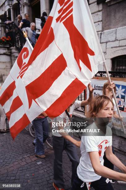Des jeunes défilent en portant un drapeau régional, circa 1980 en Suisse.
