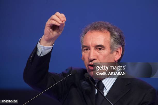 French politician and president of MODEM party, Francois Bayrou running for French Presidential speaks to researchers and scientific on February 11,...